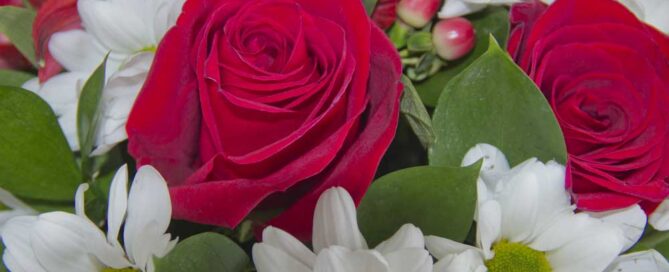 Bouquet with red roses and other white flowers